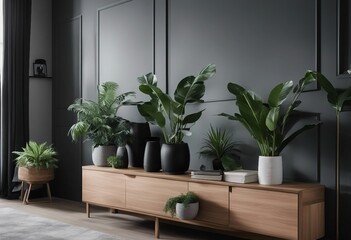 Modern scandinavian home interior with design wooden commode plants in black pots gray sofa books