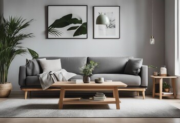 Modern Scandinavian living room with design furniture grey sofa plants bamboo wooden table and two artworks on the wall
