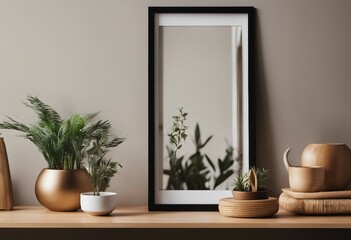 Scandinavian room interior with mock up photo frame on the brown bamboo shelf with beautiful plants