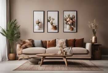 Stylish boho interior of living room with brown elegant accessories and three posters of plants on the wall