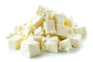 Cubed feta and curd cheese isolated on white background - obrazy, fototapety, plakaty