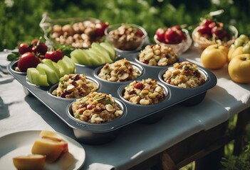 Summertime healthy picnic with fresh vegetables nuts and fruits served in the muffin pan in sunny day