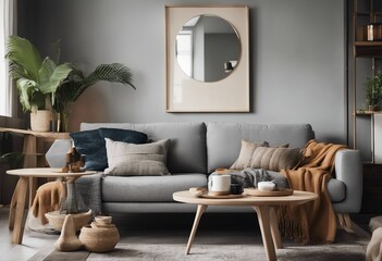 The stylish boho compostion at living room interior with design gray sofa wooden coffee table and mirror artwork on the wall