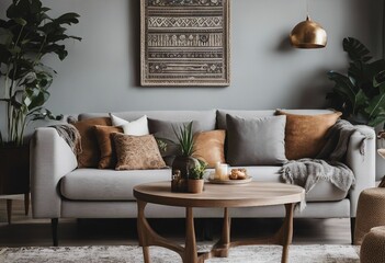 The stylish boho interior of sitting room in cozy apartment with design coffee table gray sofa pillows lamp and artwork on the wall