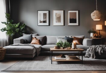 The stylish boho interior of sitting room in cozy apartment with design coffee table gray sofa three artwork on the wall