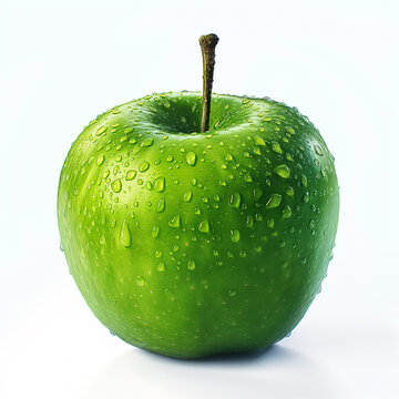 Uma maçã verde com gotas de agua e detalhes isolada no fundo branco