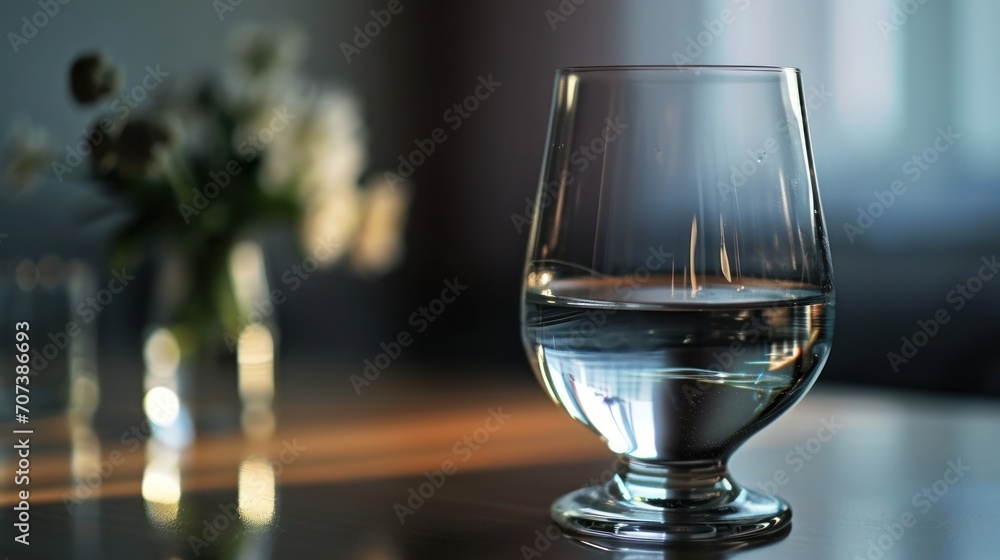 Poster  a glass of water sitting on top of a table next to a vase with flowers in it and a vase with a flower in it on the side of the table.