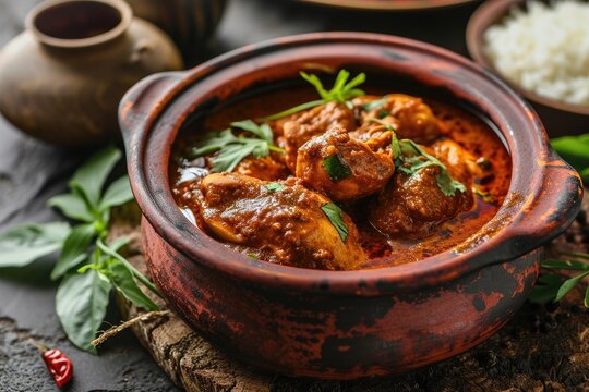 Famous spicy red Asian chicken curry a popular breakfast in Kerala served in an earthen pot