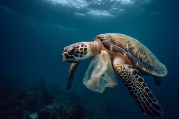Ocean plastic pollution: turtle consuming plastic bag, environmental issue. Generative AI - obrazy, fototapety, plakaty