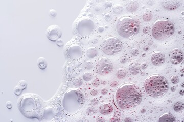 Foamy texture of skincare cleanser with bubbles on white backdrop seen from above