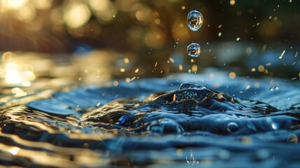  a close up of a water drop with a blurry background of the water and the sun shining on the water and the drops of the water on the surface.