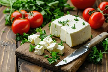 Feta cheese knife parsley and tomatoes on a wooden board