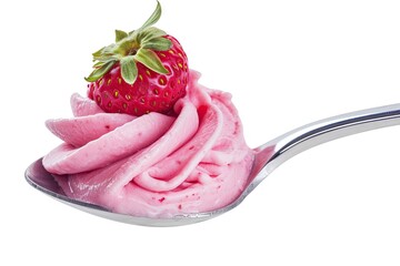 Frozen yogurt or cream with strawberry on a spoon white background - obrazy, fototapety, plakaty