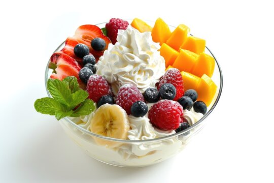 Fruit and cream bowl on a white background