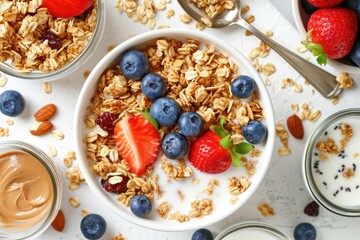 Granola breakfast with fruits nuts milk and peanut butter in a bowl - obrazy, fototapety, plakaty