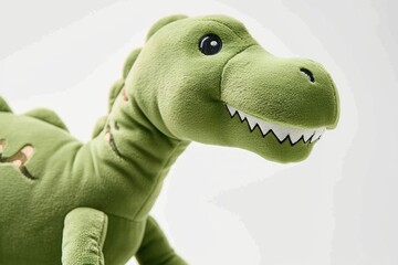 Green dinosaur plush closeup on white background