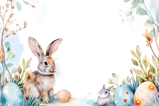Easter eggs with rabbit bunny frame background in watercolor style.