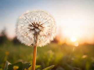 Obraz premium dandelion in the wind. White dandelion in a forest at sunset. Macro image. Abstract nature background. Website, application, template. Computer, laptop wallpaper. Design for landing, 