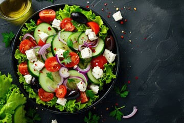 Healthy vegetable salad featuring cucumber tomato olive onion lettuce and feta cheese presented from a top view as a banner
