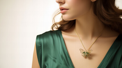portrait of a woman with golden necklace and butterfly shaped pendant - obrazy, fototapety, plakaty