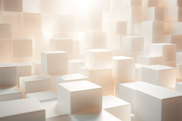 A serene display of white cubes bathed in a soft, warm glow, creating a dreamy and abstract pattern of light and shadows.