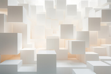 Soft-lit array of white cubes creating an abstract and minimalist architectural space