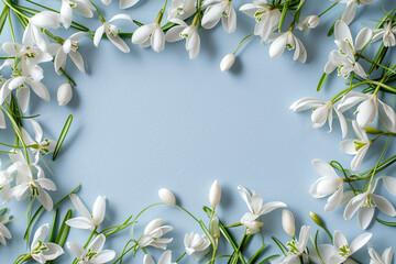 spring banner, snowdrops are located around the perimeter of the image in form of a frame with a place for text,on a delicate blue textured background, concept of spring advertising and greeting cards