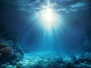 underwater view of a reef with fishes, Underwater Sea - Deep Water Abyss With Blue Sun light.  Website, application, games template. Computer, laptop wallpaper. Design for landing
