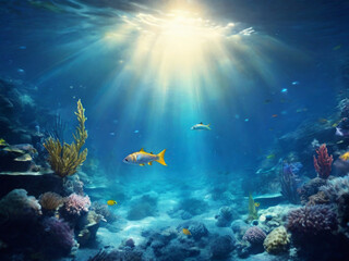 underwater view of a reef with fishes, Underwater Sea - Deep Water Abyss With Blue Sun light, fish tiny and small around, center is free.  Website, application, template. Computer, laptop wallpaper