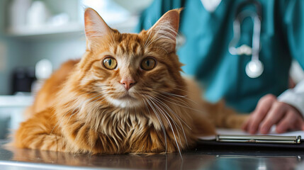 ginger maine coon cat lying on a table a vet's surgery being examined