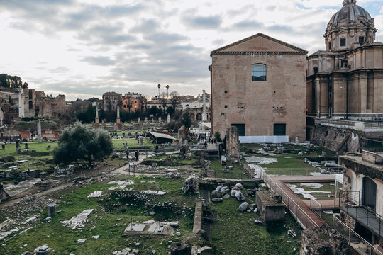 The Roman Forum, a rectangular forum (plaza) surrounded by the ruins of several important ancient government buildings