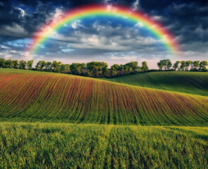 Beautiful rainbow over the field. Agricultural landscape. Nature of Ukraine