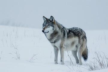 Fototapeta premium A majestic wolf braving the freezing snow, standing tall as a symbol of strength and resilience in the harsh winter wilderness