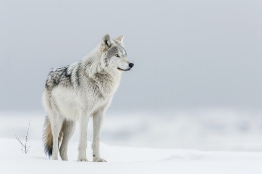 A majestic red wolf stands tall in the frozen landscape, a symbol of resilience and strength in the face of harsh winter conditions