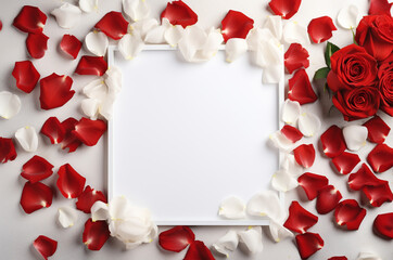 Elegant Floral Frame with Red and White Rose Petals - Valentine's Day - love - Generative AI
