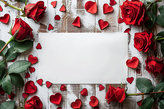 White Blank Card Surrounded by Red Roses on Rustic Wooden Surface - Valentine's Day - love - Generative AI

