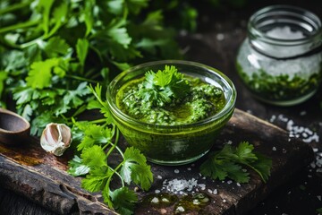 Italian dip and dressing homemade food concept on rustic wooden dark background with coriander herb - obrazy, fototapety, plakaty
