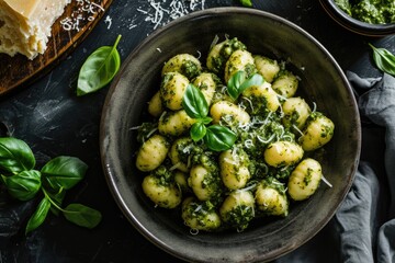 Italian Dish Gnocchi with Pesto Deliciously Served on Dark Background