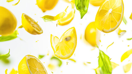 Juicy ripe flying yellow lemons with green leaves on white background. food concept. Tropical organic fruit with vitamin C. Lemon slices.	
