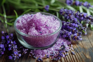 Obraz na płótnie Canvas Lavender Body Spa Treatment with Focus Selection and Sugar Scrub