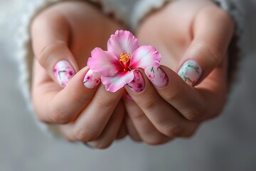 Obraz na płótnie Canvas Nail art concept. Beautiful female hands with manicure holding flower, closeup