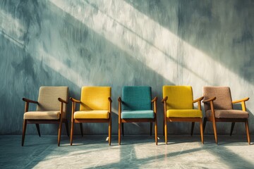 Modern design chairs arranged in front of a grey wall create graphic backgrounds a metaphorical representation of the hiring position