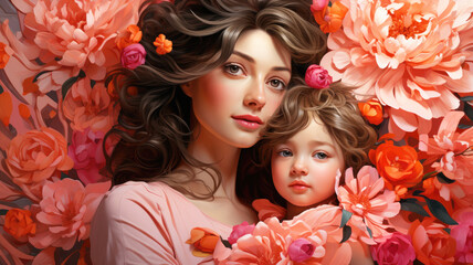 Young mother gently embracing her child against the background of bright  flowers warm colors. Happy woman with little kid with beautiful flower background. Concept of mother's day. Family love card