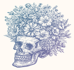 Human Skull with flowers, sketch drawing. Hand drawn vector illustration isolated on white background - obrazy, fototapety, plakaty