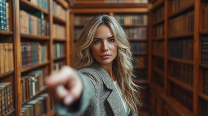 Woman Pointing at Camera in Library