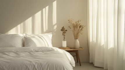 A sparse bedroom with crisp white bedding, a plain nightstand, and muted tones, creating a tranquil and restful environment. --ar 16:9 --v 6.0 --style raw