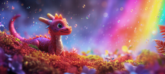 A cute, kind, rainbow dragon walks through a magical, fairy-tale forest with soap bubbles. - obrazy, fototapety, plakaty