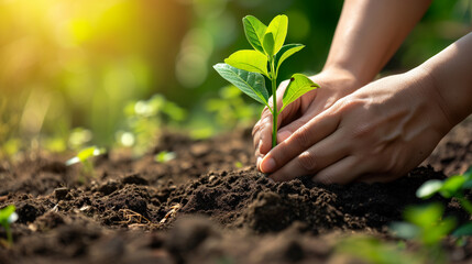 Person Holding Plant in Dirt, Gardening and Planting in Action