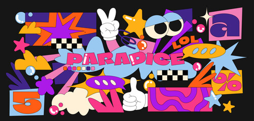 90s groovy banner poster. Cartoon psychedelic style. Bright hippie retro lsd elements. Bright abstract geometric memphis illustration, planet, trip wave. Vector collection