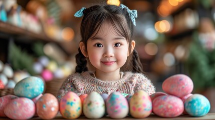Fototapeta na wymiar A girl posing in front of the painted colorful Easter eggs